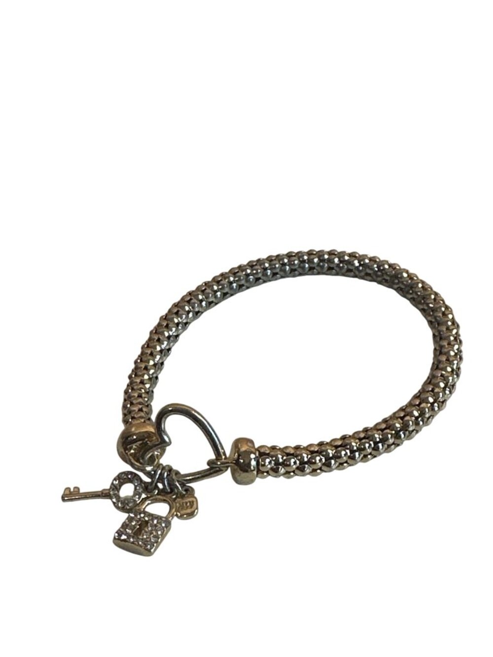 Silver-Tone Mesh Bracelet Stretch Lock & Key Charms Rhinestone Sparkly